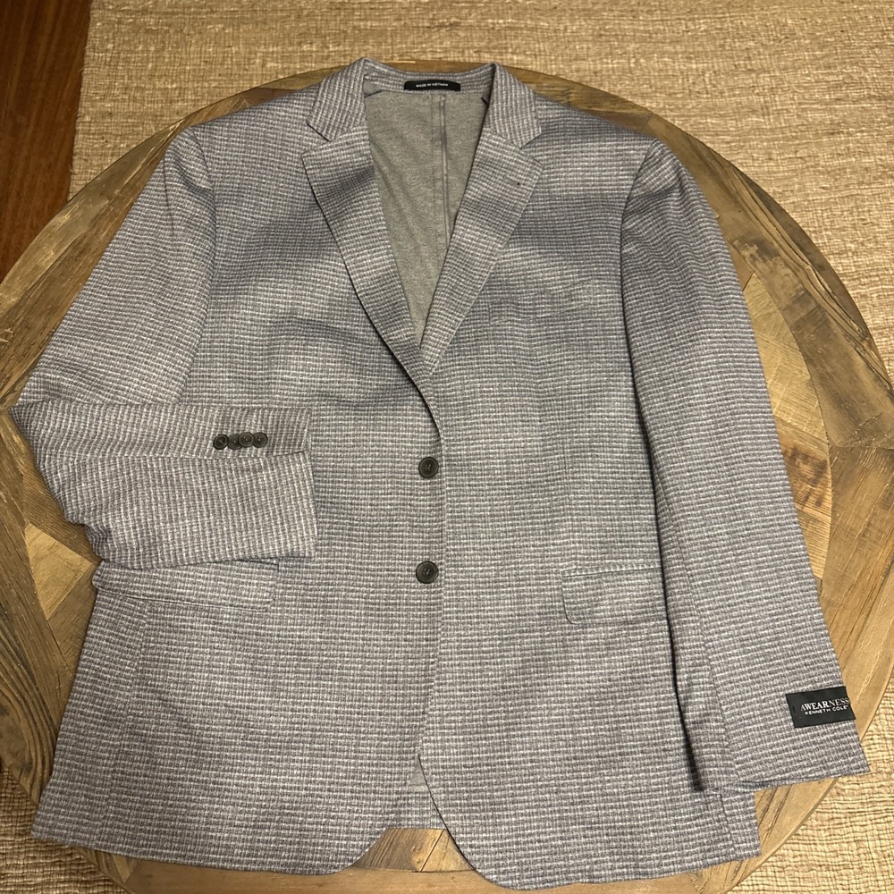 Kenneth Cole Mens Slim fit Suit Jacket Blazer 46 R Grey Blue Checkered Stretch